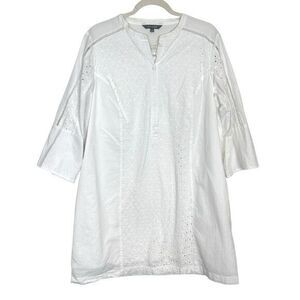 Daisy Fuentes Mini Button Up Shirt Dress 14 White Cotton 3/4 Sleeve Eyelet Lace